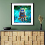 Póster Robot de juguete metalizado vintage en galaxia azu<br><div class="desc">Me encantan los rostros lindos y retro de robots vintage metalizado de juguetes para la infancia. Aquí está uno de mis favoritos, frente a un cielo galáctico azul turquesa. Añade un poco de estilo a tu habitación con este divertido, colorido y fotoposter. Hace un regalo genial y de moda, ¡incluso...</div>