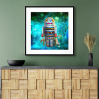 Robot de juguete metalizado vintage en galaxia azu