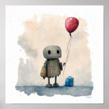 "Robot solitario con globo" - Pintura acuarela