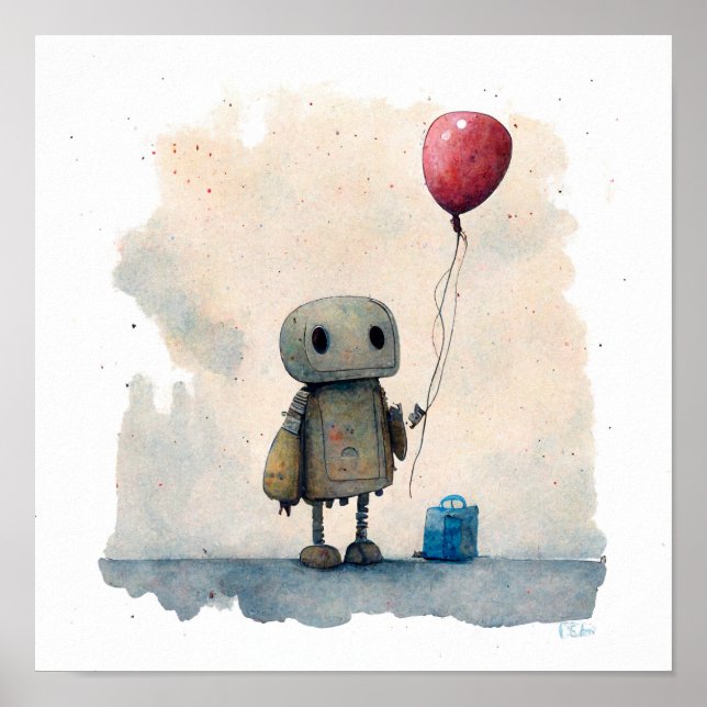 Póster "Robot solitario con globo" - Pintura acuarela (Frente)