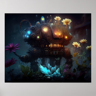 Póster Robot surrealista de flores futuristas