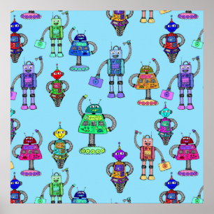 Póster Robots coloridos y cortos sobre fondo azul
