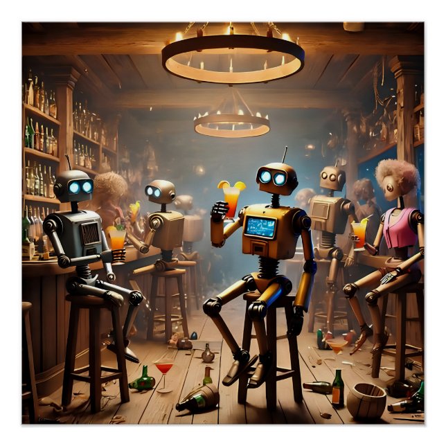 Póster robots having fun in a bar (Anverso)