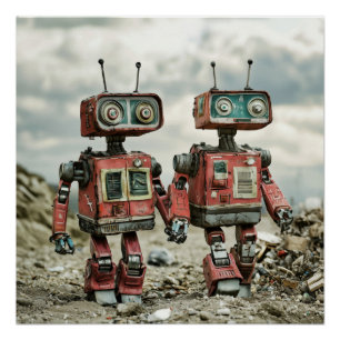 Póster Robots Retro Adorables Enamorados Tomados de la Ma