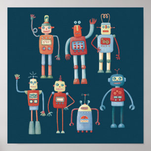 Póster Robots retro estilo Cute de los años 50