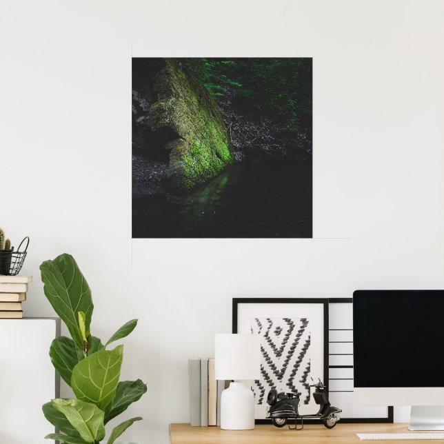 Póster Roca verde musgosa con reflejo en el agua (Oficina en casa)