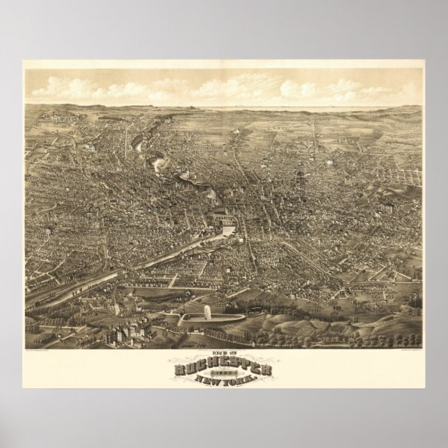 Póster Rochester 1880, NY Birds Eye View Panoramic Map (Frente)