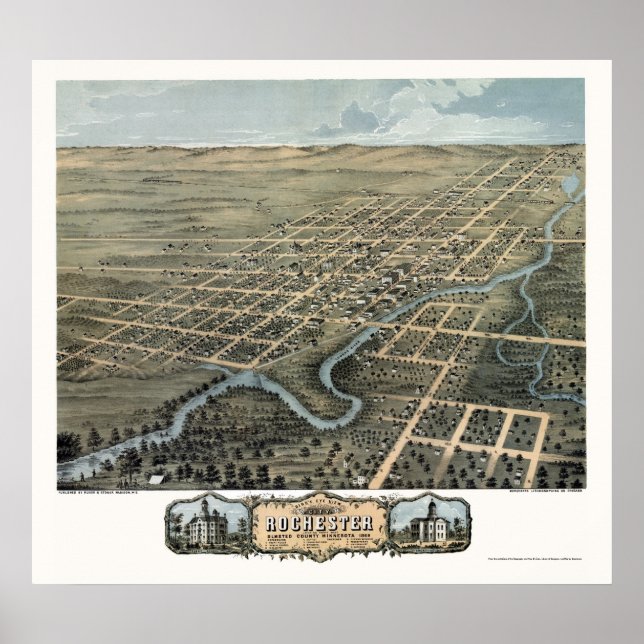 Póster Rochester, MN Mapa Panorámico - 1869 (Frente)