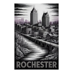 Póster Rochester Nueva York Silueta Urbana Grabado en Mad