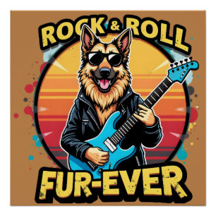 Póster Rock and Roll German Shepherd Retro Sunset Art