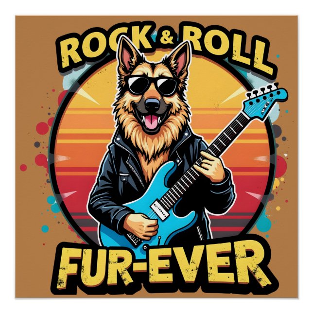 Póster Rock and Roll German Shepherd Retro Sunset Art (Anverso)