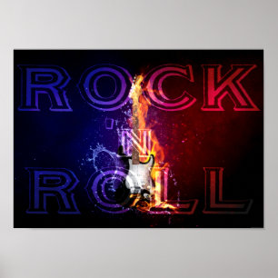 Póster Rock n Roll Fuego Flamando Música De Guitarra Eléc