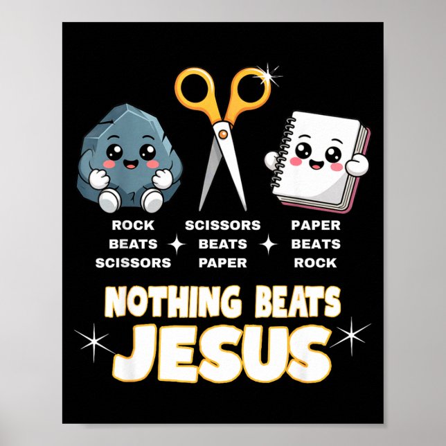 Póster Rock Paper Scissors But Nothing Beats Jesus Funny  (Frente)