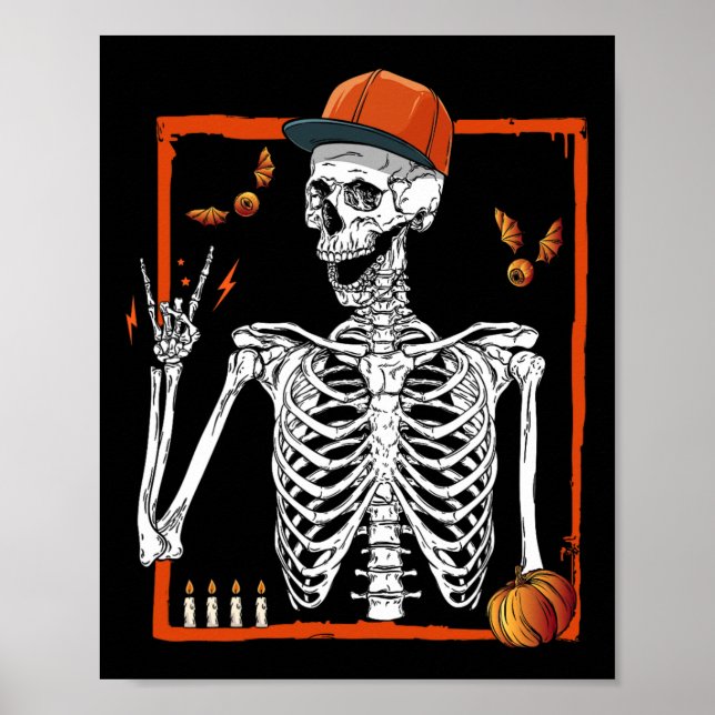 Póster Rocker Skeleton Hand Rock On Costume Funny Hallowe (Frente)
