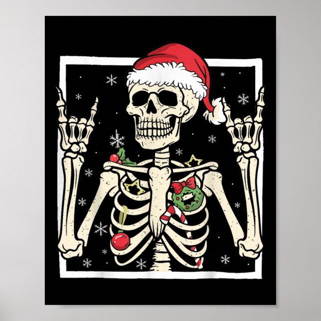Póster Rocker Skeleton Santa Hat Cool Christmas Punk Rock (Frente)