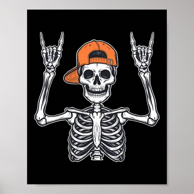 Póster Rocker Skeleton Skater Cap Halloween Rock Men Boys (Frente)