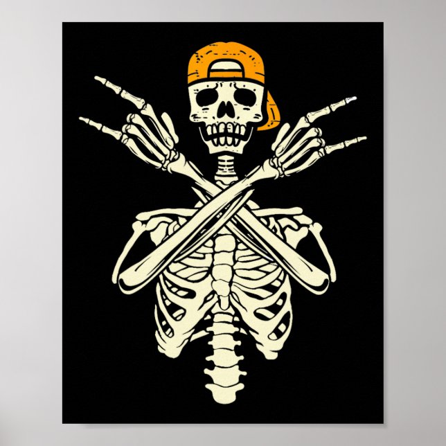 Póster Rockero Skeleton Cap Skater Halloween Hand Rock Gi (Frente)