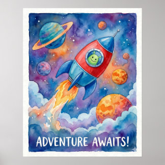 Póster Rocket Ship & Alien Adventure Awaits Space