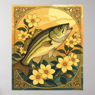 Póster Rockfish De Bass A Rayas Y Flores De Jazmín Amaril