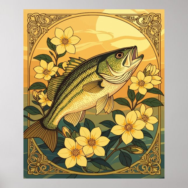Póster Rockfish De Bass A Rayas Y Flores De Jazmín Amaril (Frente)
