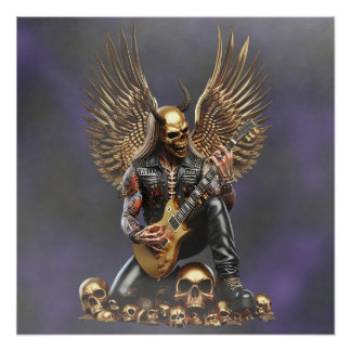 Póster Rockgitarrist in Lederkleidung mit Totenkopf
