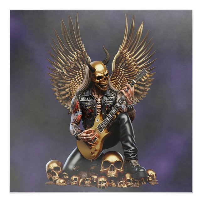 Póster Rockgitarrist in Lederkleidung mit Totenkopf (Anverso)