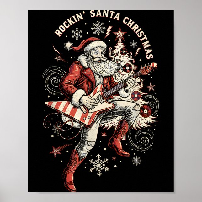 Póster Rockin Santa Playing Guitar Funny Christmas Retro  (Frente)