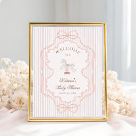 Póster Rocking Horse Vintage Pink Baby Shower Welcome