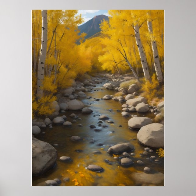 Póster Rocky Stream Con Árboles De Oro Aspen, Pintura (Frente)