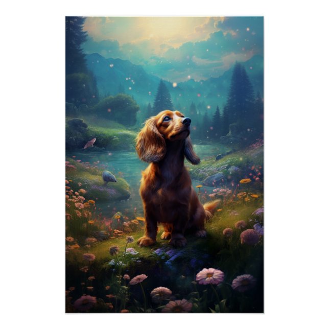 Póster Rococo Dachshund Explorando Un Prado (Anverso)