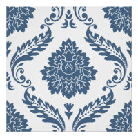 Rococo Damask Patrón Grande Azul sobre Blanco