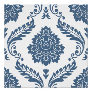 Póster Rococo Damask Patrón Grande Azul sobre Blanco
