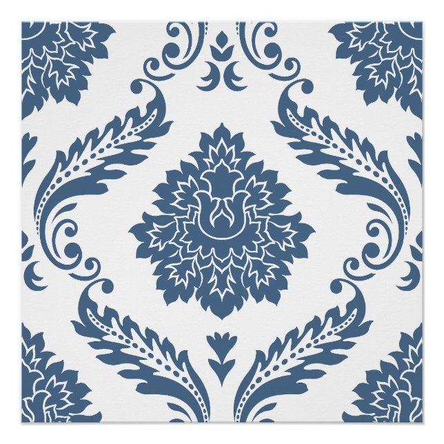 Póster Rococo Damask Patrón Grande Azul sobre Blanco (Anverso)