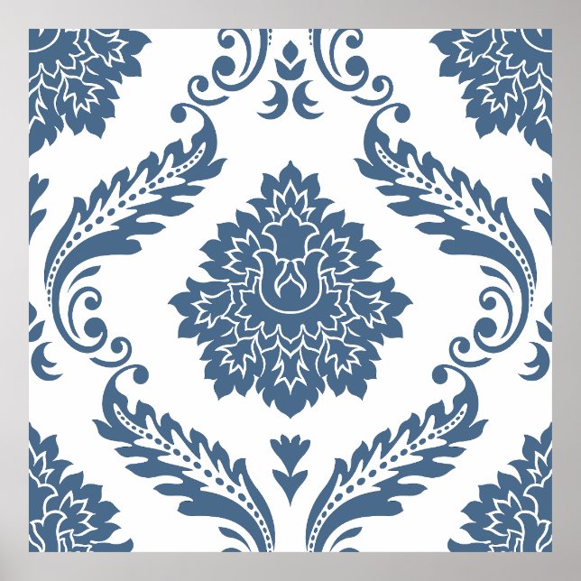 Póster Rococo Damask Patrón Grande Azul sobre Blanco (Frente)
