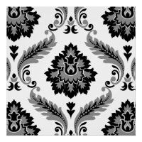 Rococo Damask Patrón Grande Gris Negro Blanco