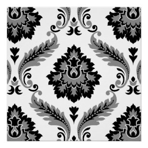 Póster Rococo Damask Patrón Grande Gris Negro Blanco