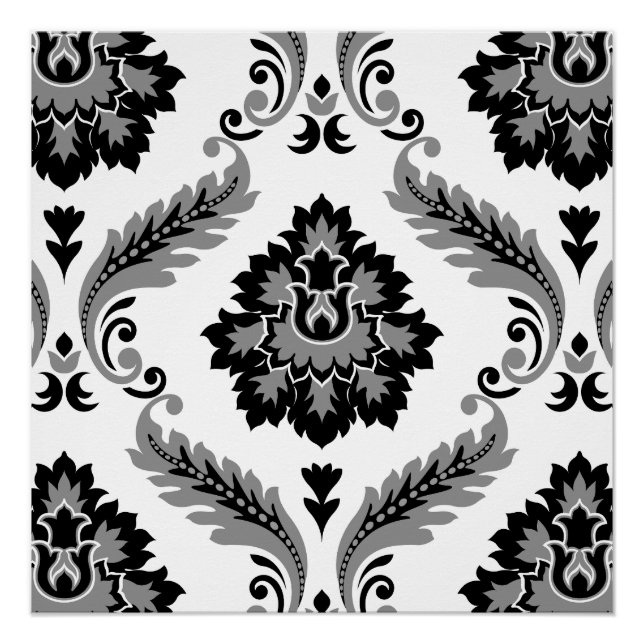 Póster Rococo Damask Patrón Grande Gris Negro Blanco (Anverso)