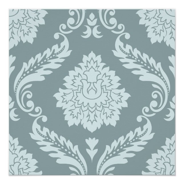 Póster Rococo Damask Patrón Grande Huevo de Pato Azul+Ver (Anverso)