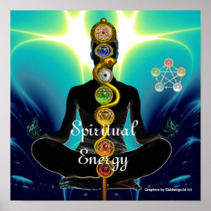 Póster ROD DE ASCLEPIUS 7 CHAKRAS, YOGA LOTUS POSE Blue