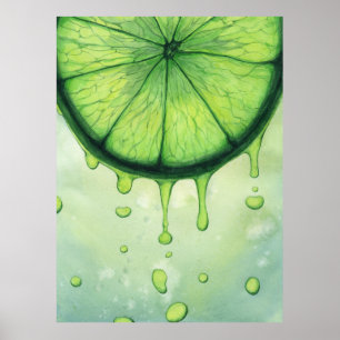 Póster Rodaja de cítrico verde lima pintada a mano con ac