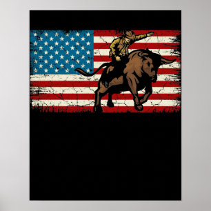 Póster Rodeo Bull Rider Patriótico Bandera Americana Vaqu