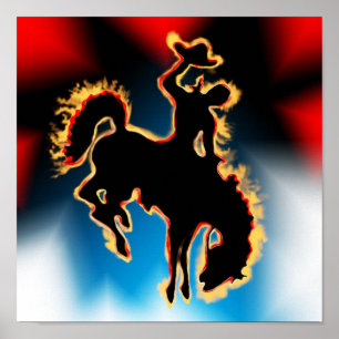 Póster Rodeo occidental contrapone caballo de bronce y va
