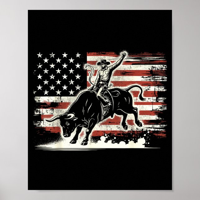 Póster Rodeo Rider Bull Patriotic Cowboy Usa Flag  (Frente)