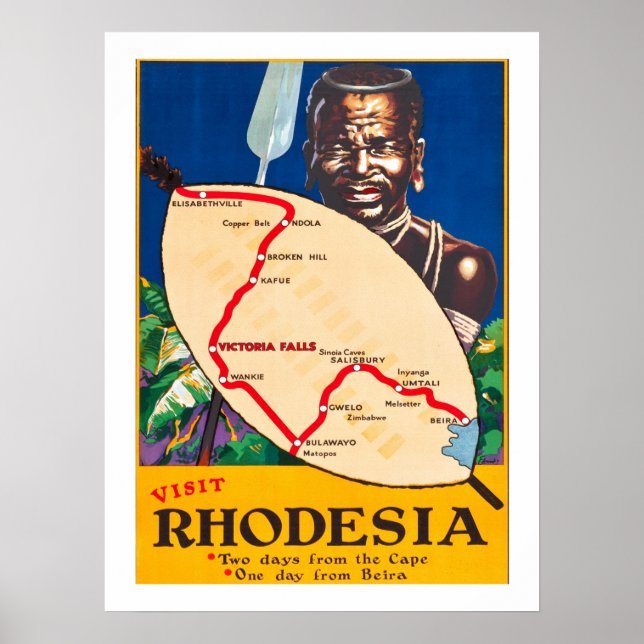 Póster Rodesia, guerrero tradicional con mapa en escudo (Frente)