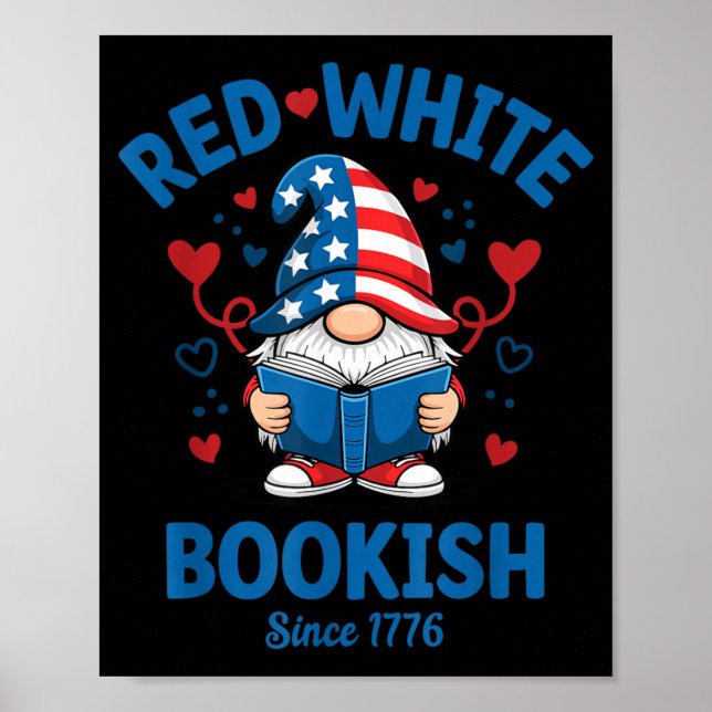 Póster Rojo Blanco Gnomo Patriótico Lector de Libros (Frente)