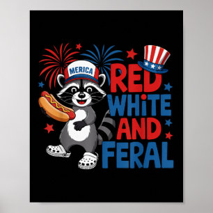 Póster Rojo Blanco Y Feral Cute Raccoon Merica Estadounid