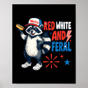Póster Rojo Blanco Y Salvaje Mapache Patriótico Divertido