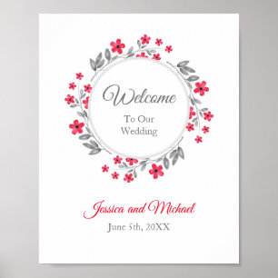 Póster Rojo, color de agua gris Floral Wreath