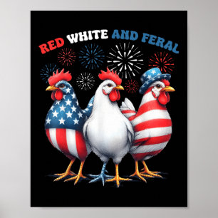 Póster Rojo De Pollo Blanco Y Feral Patriótico Rostro 4