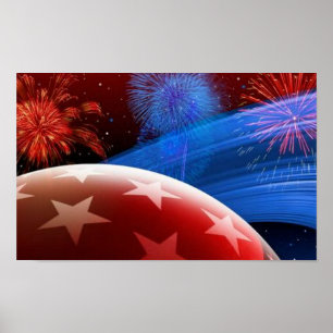 Póster Rojo Estrellas azules y lienzo de fuegos artificia